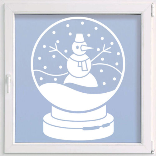 karácsonyi ablakmatrica hóember a hógömbben